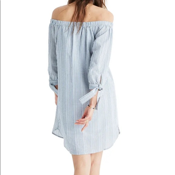 Madewell Blue And White Striped Off Shoulder Dress